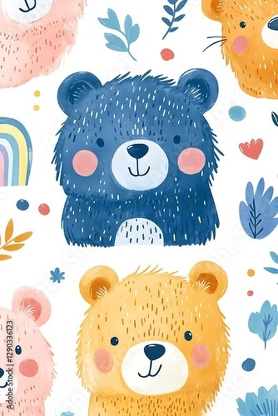 Fototapeta Cute bear pattern, rainbow, floral, kids background