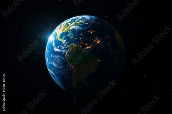 Fototapeta Depiction of Earth viewed from space, showcasing the luminous city lights