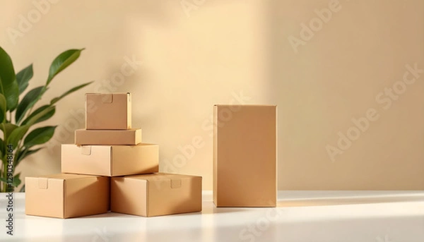 Fototapeta Variety of Unmarked Brown Boxes Stacked on a Minimalist Background for Packaging Displays