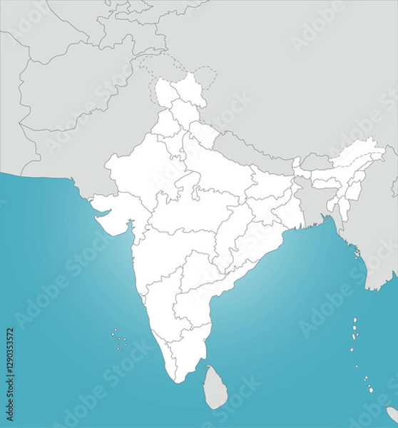 Fototapeta インドとインドと周辺国の地図、州の境界線いり、シンプルで分かりやすい