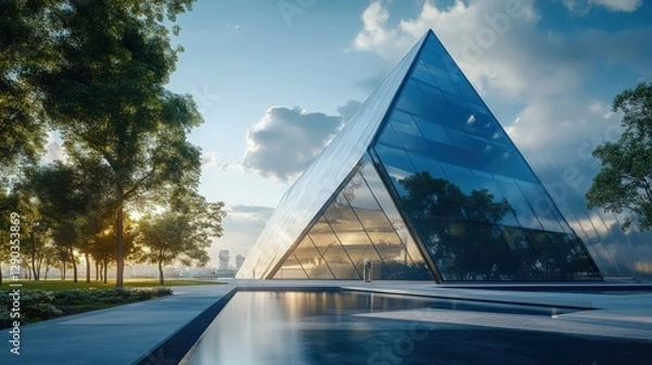Fototapeta Contemporary triangle shape design modern Architecture building exterior with glass, concrete and steel element. Noon scene. Photorealistic 3D rendering