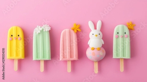 Fototapeta Colorful ice pops with cute designs on a pink background for summer enjoyment.