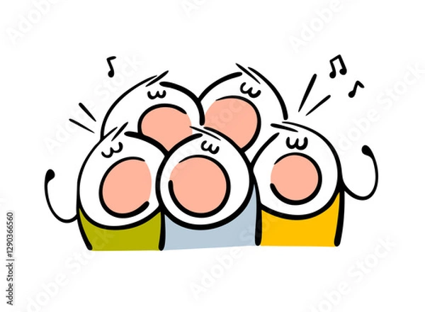 Obraz Large choir of children performs on the school stage. Vector illustration of extras at the opera in the theater. The boys are singing loudly. Isolated cartoon character on white background.