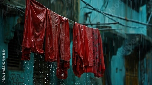 Fototapeta Rain-soaked Clothes: After a downpour, clothes become drenched, clinging to your body and making you feel cold, heavy, and weighed down by the soaking moisture.
