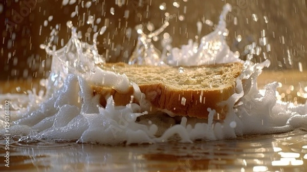 Fototapeta Soggy Bread: Bread soaked in liquid, turning mushy and soft, losing its form, often used in recipes like French toast or as a base for bread pudding.

