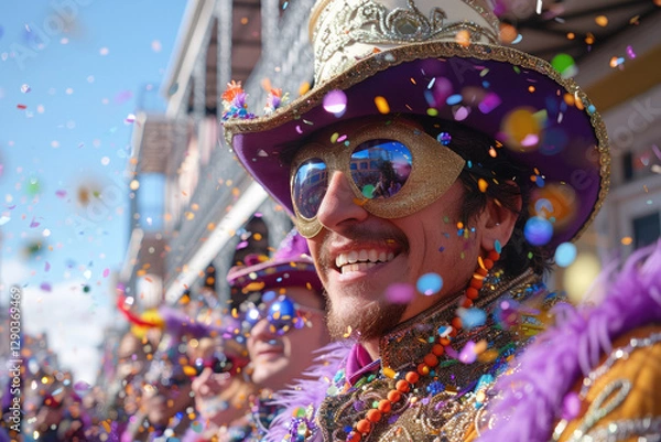 Obraz Carnival, Bright parades, masks, sparkles. Fat Tuesday, Mardi Gras,Shrove Tuesday.A happy man,bright clothes, a mask on his face, a festive mood, fun on the streets of the city