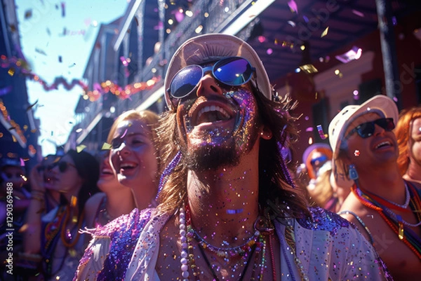Obraz Carnival, Bright parades, masks, sparkles. Fat Tuesday, Mardi Gras,Shrove Tuesday.A happy man,bright clothes, a mask on his face, a festive mood, fun on the streets of the city