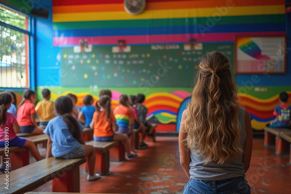Fototapeta A young teacher explains the LGBT topic to children during a lesson in elementary school, the LGBT flag at school