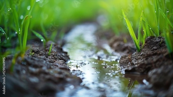 Fototapeta Waterlogged Soil: Soil that has soaked up too much water, becoming dense and difficult to work with, hindering plant growth and creating poor drainage conditions.

