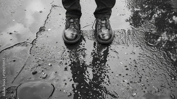 Obraz Drenched Shoes: Soaked shoes that absorb water, leaving them uncomfortable to wear and causing puddles to form with each step, making walking unpleasant.
