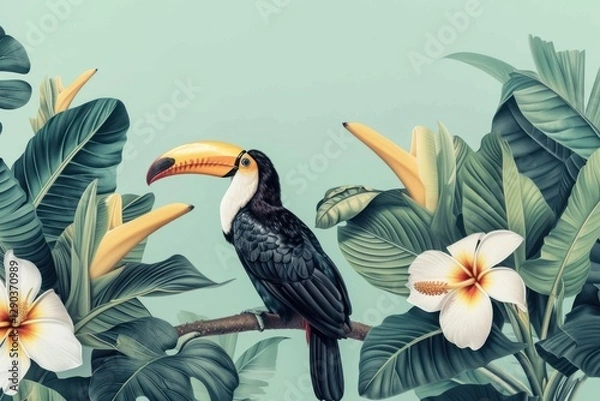 Obraz Bananas tree and toucan outdoors tropics nature.