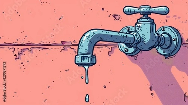 Fototapeta Dripping Faucet: A faucet that slowly leaks water in drops, causing a consistent, annoying sound that often goes unnoticed until it becomes persistent.
