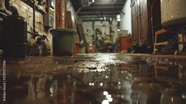 Fototapeta Flooded Basement: A basement that has filled with water, usually from rainfall or plumbing issues, leading to a damp, uncomfortable space with a musty odor.
