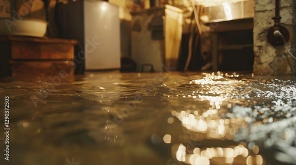Fototapeta Flooded Basement: A basement that has been overwhelmed with water, often after heavy rains or a plumbing issue, leading to a damp, unpleasant space with potential damage.
