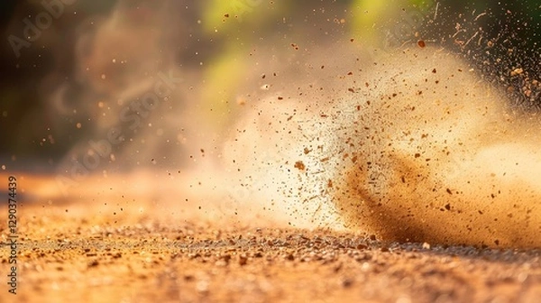 Fototapeta Dust: Fine particles of soil, pollen, and debris that collect in dry areas, commonly visible in sunlight, creating a dusty haze that lingers in the air.
