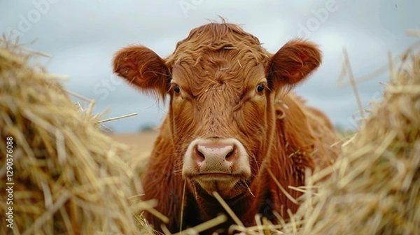 Obraz Hay: Dried grass or legumes with a brittle, coarse texture, commonly fed to livestock as a nutritious, fibrous food source for animals throughout the year.
