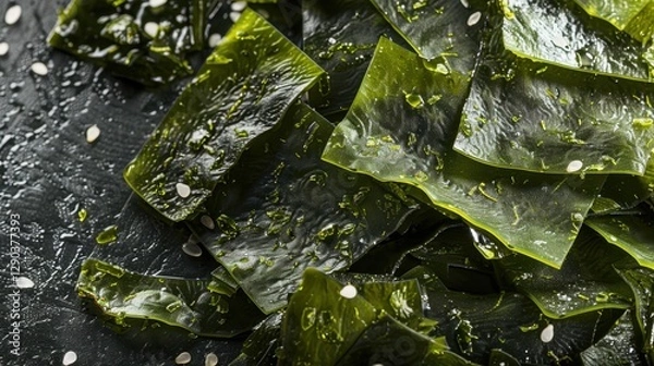 Fototapeta Dried Seaweed: Thin, brittle sheets of algae with a salty, crisp texture, commonly used in snacks or sushi for a flavorful, crunchy addition to meals.
