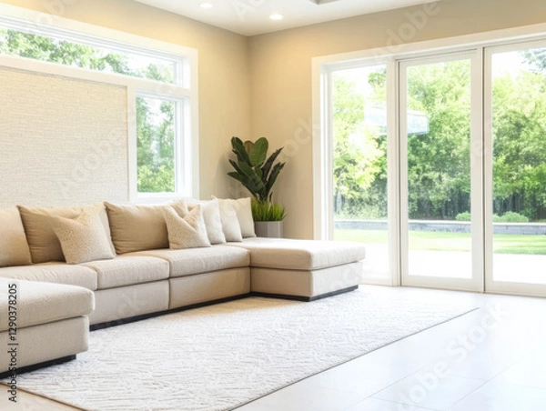 Fototapeta Modern living room design with large windows and light colors for a spacious feel