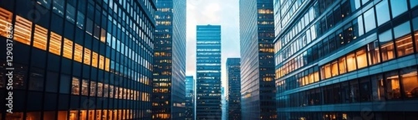 Fototapeta A stunning view of modern skyscrapers reflecting bright city lights.