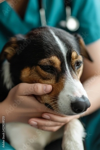 Fototapeta A vet assistant comforts a nervous dog before a medical test, The dog leans into their hand for reassurance, Generative AI