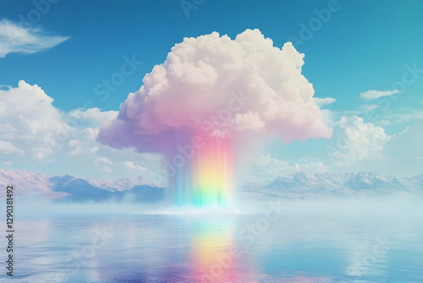 Obraz Illustration - Rainbow Cloud Over Tranquil Water and Misty Mountains