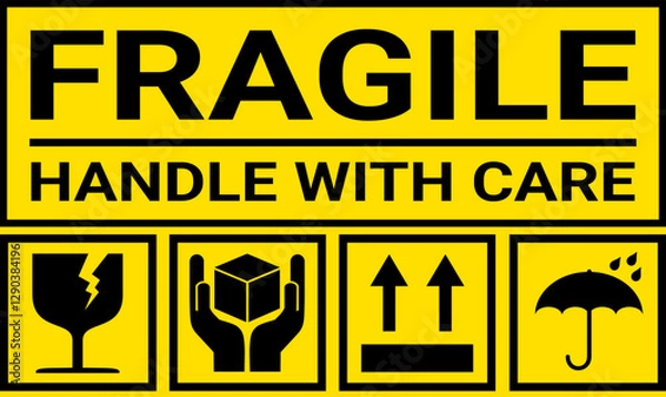 Fototapeta sticker fragile handle with care, black and yellow fragile warning label, fragile label with broken glass symbol, vector asset