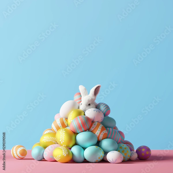 Fototapeta Happy Easter, bunny with pile of eggs. 3d rendering