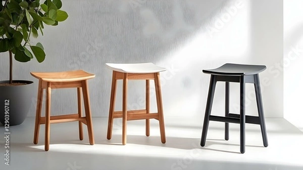 Fototapeta Three modern wooden stools in different colors (natural wood, white, and black) arranged against a bright wall with a plant. Concept Modern Wooden Stools, Colorful Home Decor, Minimalist Design