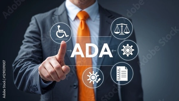 Fototapeta Business man working on virtual touch screen presses abbreviation: ADA. ADA Americans with Disabilities Act concept