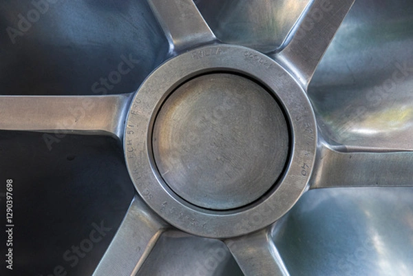 Fototapeta An intricate close-up view of a multi-blade industrial fan showcasing the precision and engineering behind functional design elements.