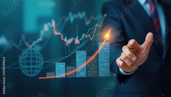 Obraz Customer success. Businessman hand blue suit pointing rising graph arr