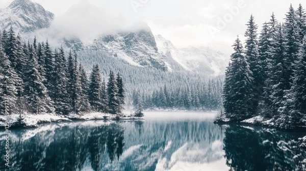 Fototapeta A breathtaking alpine lake surrounded by snow-dusted trees, with mountains in the background.