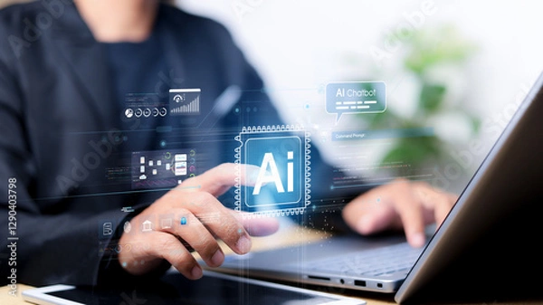 Fototapeta Chat with AI or Artificial Intelligence. Young businessman chatting with a smart AI or artificial intelligence using an artificial intelligence chatbot developed by OpenAI.