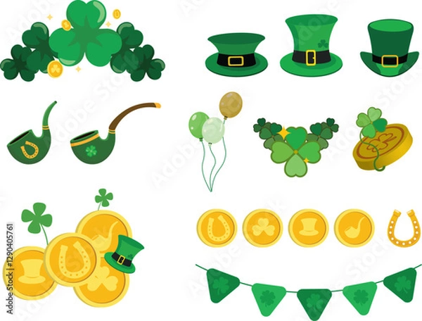 Obraz saint Patricks Day vector elements clipart collection set, leprechaun stuff, gold, clovers and shamrocks, festive objects. Saint Patrick Day March 17.