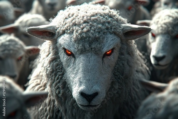Fototapeta An imposing sheep with glowing red eyes stares menacingly