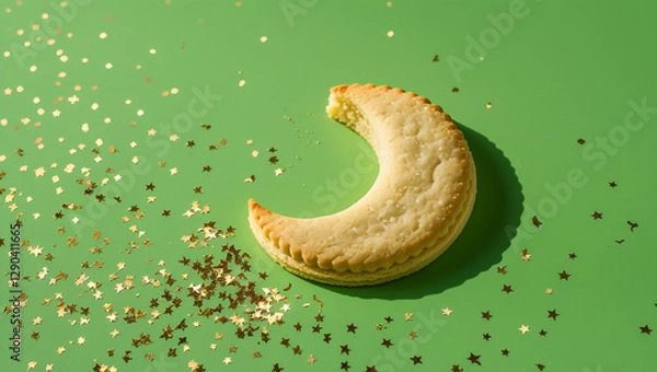 Fototapeta Bite of a cookie biscuit in moon shape. Moon-shaped cookie - creative idea.