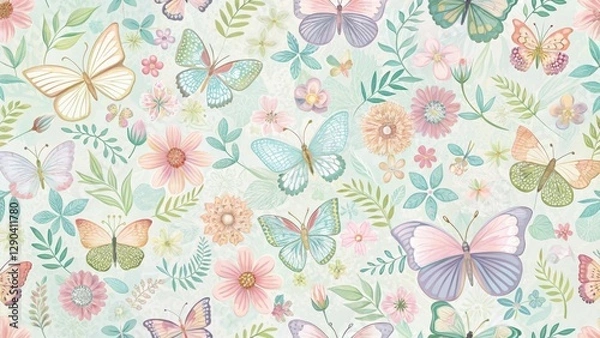 Fototapeta Pastel floral butterfly seamless pattern for spring, spring, floral patterns,  spring