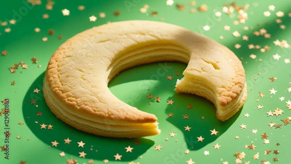 Fototapeta Bite of a cookie biscuit in moon shape. Moon-shaped cookie - creative idea.