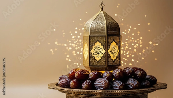 Fototapeta Ornamental Arabic lanterns with burning candles. Glittering golden bokeh lights. Plate with date fruit on the table. Greeting card for Muslim holiday