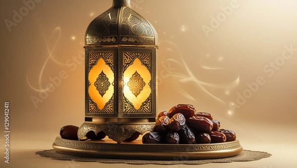 Fototapeta Ornamental Arabic lanterns with burning candles. Glittering golden bokeh lights. Plate with date fruit on the table. Greeting card for Muslim holiday