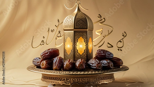 Fototapeta Ornamental Arabic lanterns with burning candles. Glittering golden bokeh lights. Plate with date fruit on the table. Greeting card for Muslim holiday