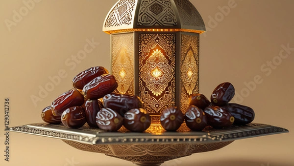 Fototapeta Ornamental Arabic lanterns with burning candles. Glittering golden bokeh lights. Plate with date fruit on the table. Greeting card for Muslim holiday