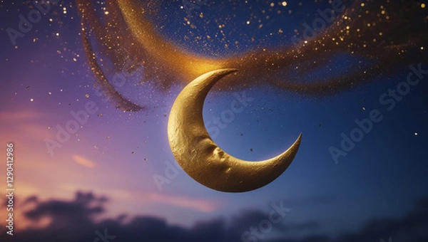 Fototapeta Ramadan Kareem illustration with golden moon with glittering texture on a golden background.
