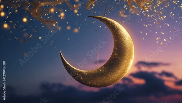Fototapeta Ramadan Kareem illustration with golden moon with glittering texture on a golden background.