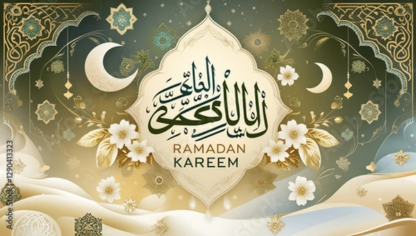 Fototapeta White Arabic Calligraphy Of Ramadan Kareem With Paper Lanterns Hang On Teal Bokeh Light Effect Background.