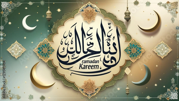 Fototapeta White Arabic Calligraphy Of Ramadan Kareem With Paper Lanterns Hang On Teal Bokeh Light Effect Background.