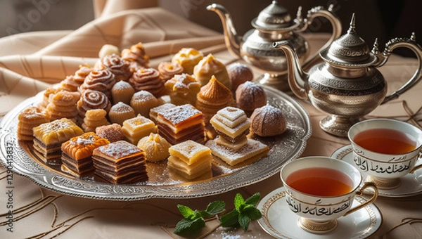 Fototapeta Arabic delight, tea cups and golden lantern. Iftar meal