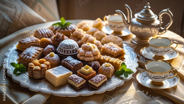 Fototapeta Arabic delight, tea cups and golden lantern. Iftar meal