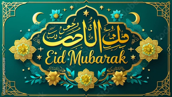 Fototapeta Eid mubarak eid card with golden moon event day eid