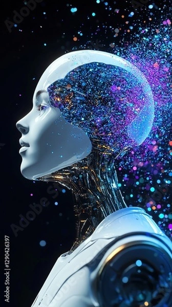 Obraz Female Robot Head Shatters Disintegrating Dissolving Humanoid Vibrant Black Background Vertical 